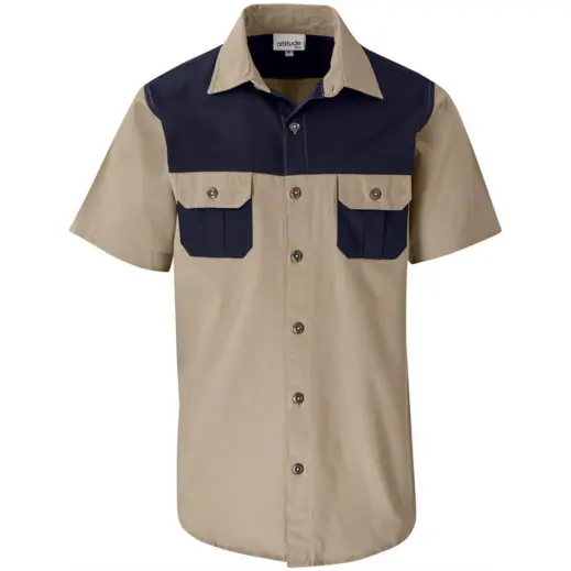 Mens Short Sleeve Serengeti 2-Tone Bush Shirt Stone Front View
